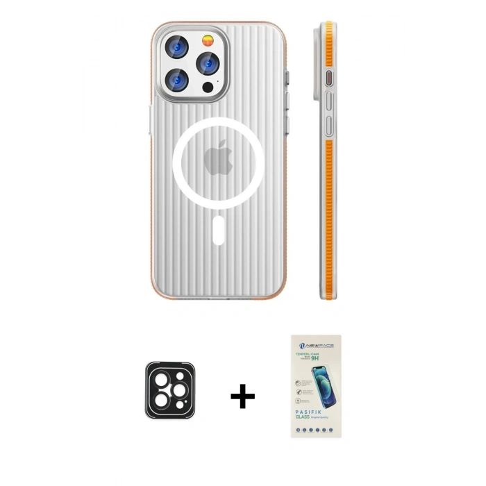 MARSİLYAN™- iPhone 16 Pro Max Kılıf Pusula Minimal Koleksiyonu - Şeffaf Pasifik Cam Ekran Koruyucu + PVD Metal Kamera Lens - SH