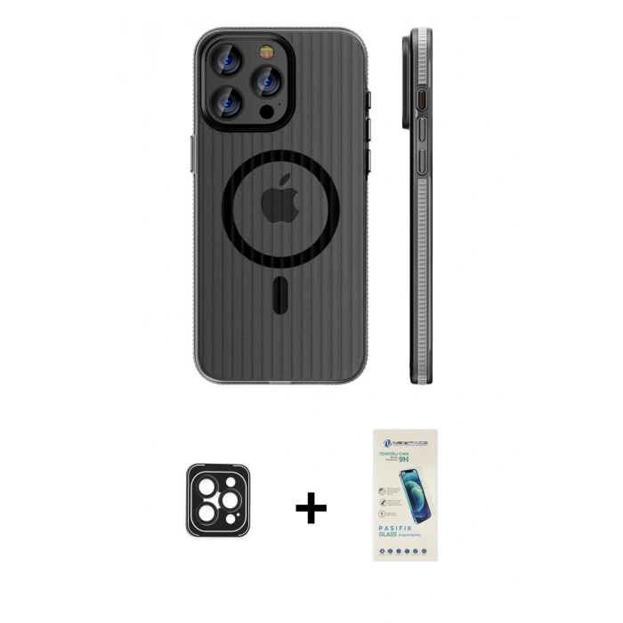 MARSİLYAN™- iPhone 16 Pro Max Kılıf Pusula Minimal Koleksiyonu - Şeffaf Pasifik Cam Ekran Koruyucu + PVD Metal Kamera Lens - SH