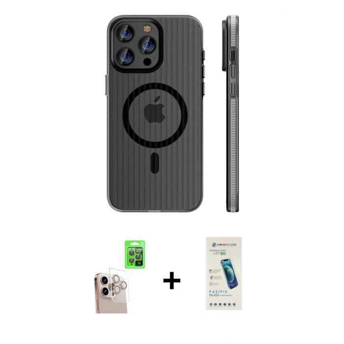 MARSİLYAN™- iPhone 16 Pro Max Kılıf Pusula Minimal Koleksiyonu - Şeffaf Pasifik Cam Ekran Koruyucu + Raze Metal Kamera Lens - NLGY