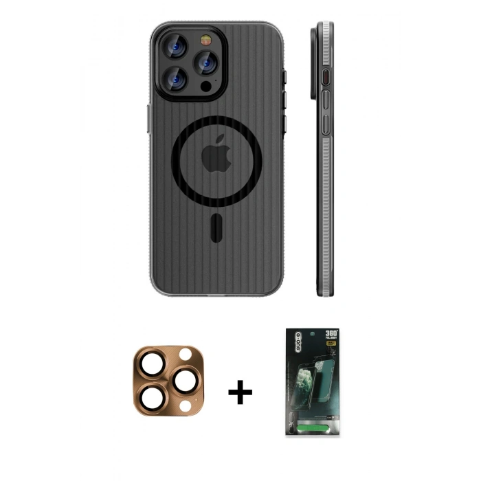 MARSİLYAN™- iPhone 16 Pro Max Kılıf Pusula Minimal Koleksiyonu - Siyah 360 Mat Full Body Arka Koruyucu + Pers Alüminyum Kamera Lens - CLTM
