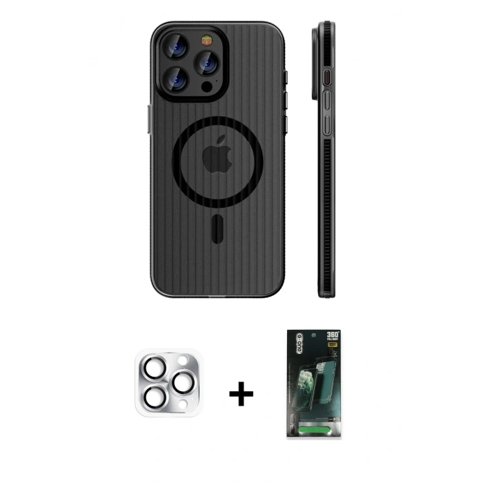 MARSİLYAN™- iPhone 16 Pro Max Kılıf Pusula Minimal Koleksiyonu - Siyah 360 Mat Full Body Arka Koruyucu + Pers Alüminyum Kamera Lens - GS
