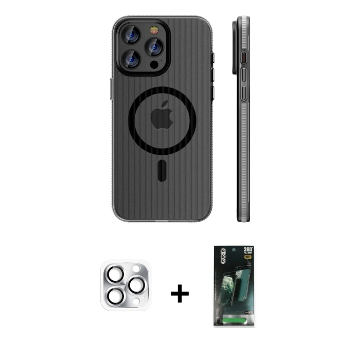 MARSİLYAN™- iPhone 16 Pro Max Kılıf Pusula Minimal Koleksiyonu - Siyah 360 Mat Full Body Arka Koruyucu + Pers Alüminyum Kamera Lens - GS