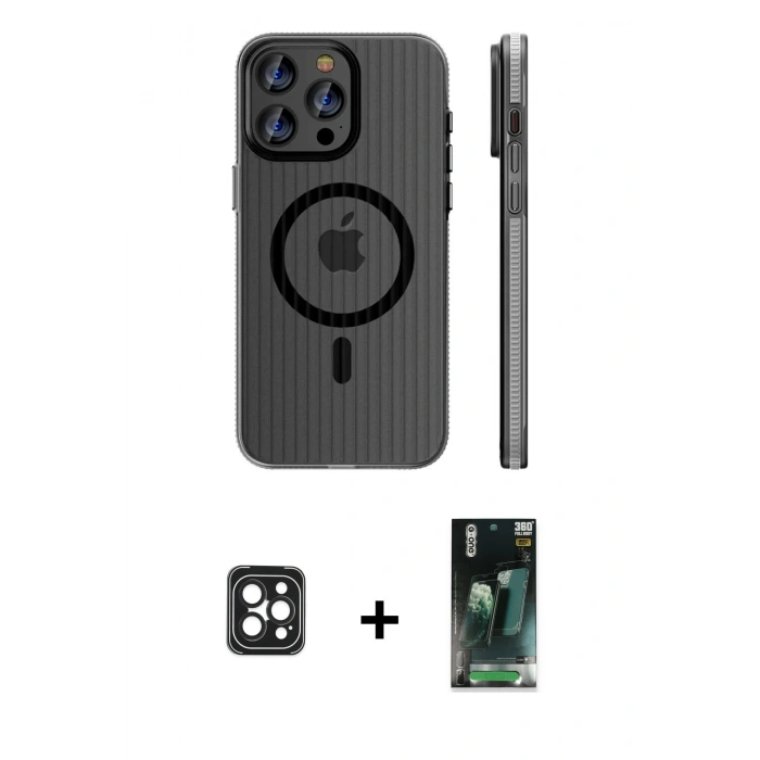 MARSİLYAN™- iPhone 16 Pro Max Kılıf Pusula Minimal Koleksiyonu - Siyah 360 Mat Full Body Arka Koruyucu + PVD Metal Kamera Lens - SH