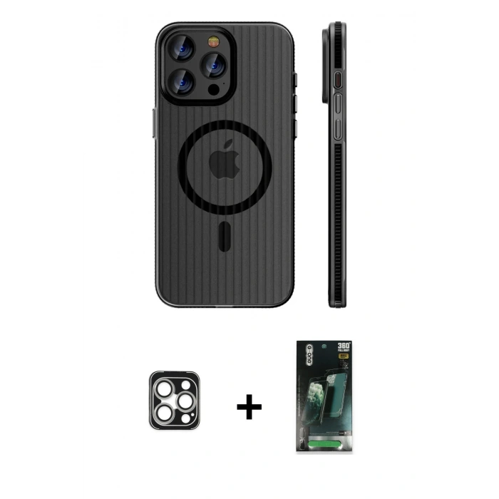 MARSİLYAN™- iPhone 16 Pro Max Kılıf Pusula Minimal Koleksiyonu - Siyah 360 Mat Full Body Arka Koruyucu + PVD Metal Kamera Lens - GS
