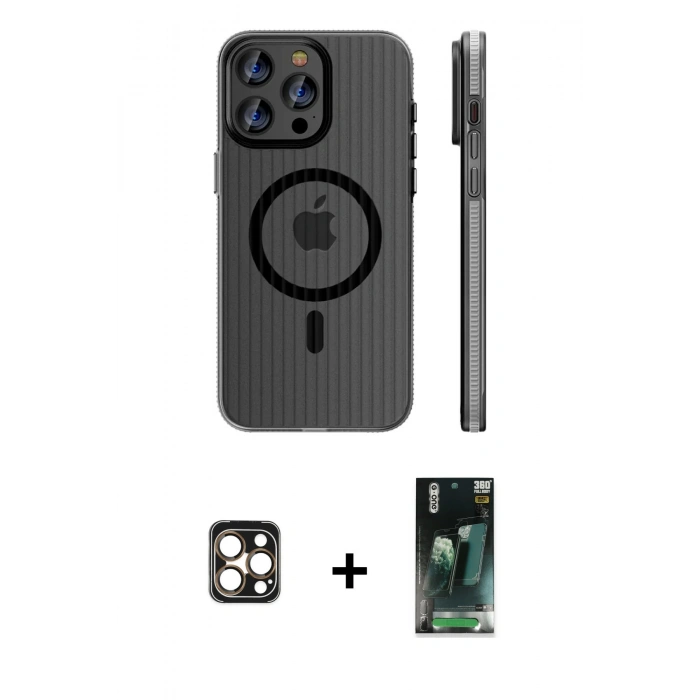 MARSİLYAN™- iPhone 16 Pro Max Kılıf Pusula Minimal Koleksiyonu - Siyah 360 Mat Full Body Arka Koruyucu + PVD Metal Kamera Lens - GD
