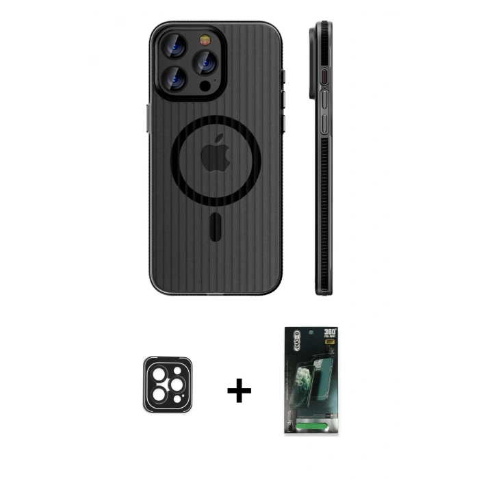 MARSİLYAN™- iPhone 16 Pro Max Kılıf Pusula Minimal Koleksiyonu - Siyah 360 Mat Full Body Arka Koruyucu + PVD Metal Kamera Lens - SH