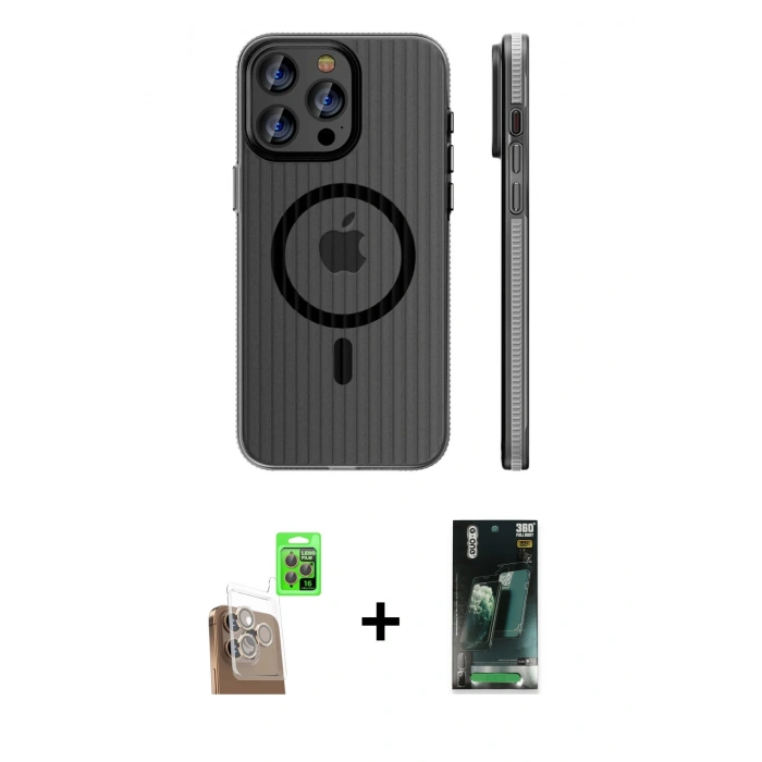 MARSİLYAN™- iPhone 16 Pro Max Kılıf Pusula Minimal Koleksiyonu - Siyah 360 Mat Full Body Arka Koruyucu + Raze Metal Kamera Lens - CLTM