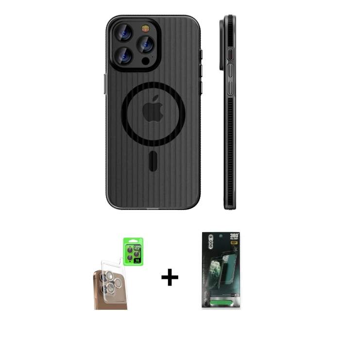 MARSİLYAN™- iPhone 16 Pro Max Kılıf Pusula Minimal Koleksiyonu - Siyah 360 Mat Full Body Arka Koruyucu + Raze Metal Kamera Lens - CLTM