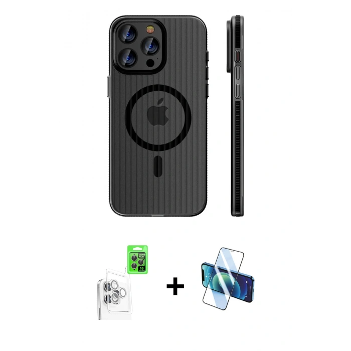 MARSİLYAN™- iPhone 16 Pro Max Kılıf Pusula Minimal Koleksiyonu - Siyah 3D Antistatik Cam Ekran Koruyucu + Raze Metal Kamera Lens - BZ