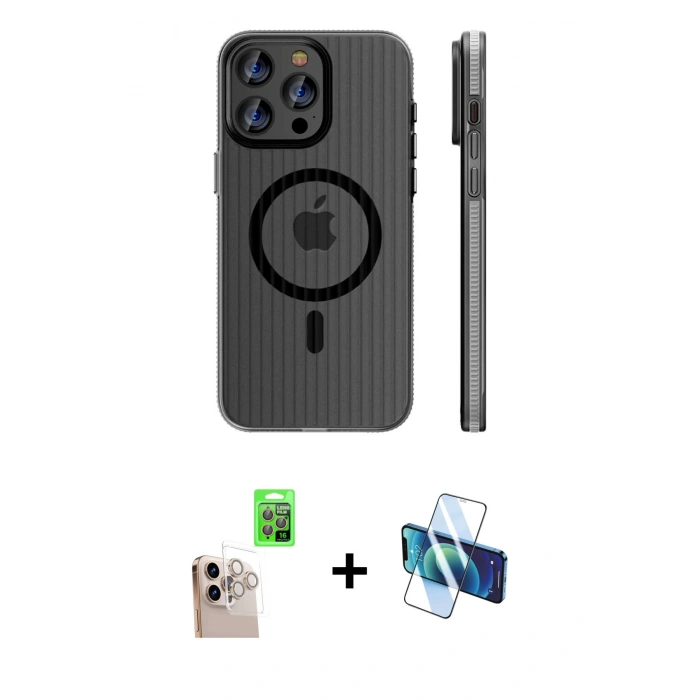 MARSİLYAN™- iPhone 16 Pro Max Kılıf Pusula Minimal Koleksiyonu - Siyah 3D Antistatik Cam Ekran Koruyucu + Raze Metal Kamera Lens - NLGY