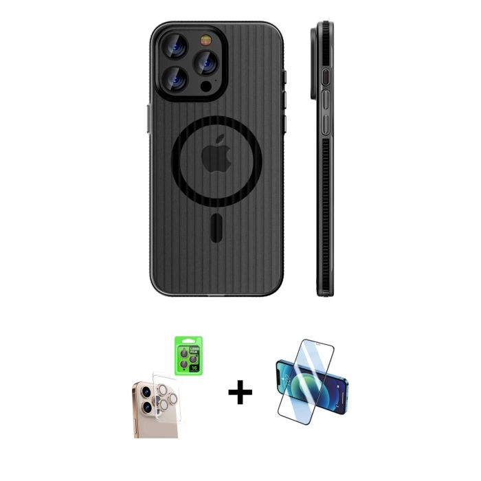 MARSİLYAN™- iPhone 16 Pro Max Kılıf Pusula Minimal Koleksiyonu - Siyah 3D Antistatik Cam Ekran Koruyucu + Raze Metal Kamera Lens - NLGY