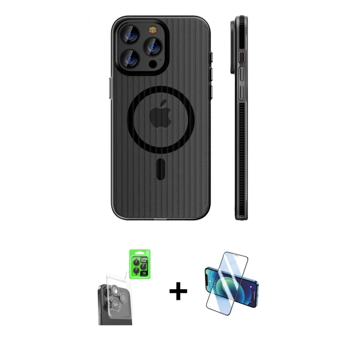 MARSİLYAN™- iPhone 16 Pro Max Kılıf Pusula Minimal Koleksiyonu - Siyah 3D Antistatik Cam Ekran Koruyucu + Raze Metal Kamera Lens - SH