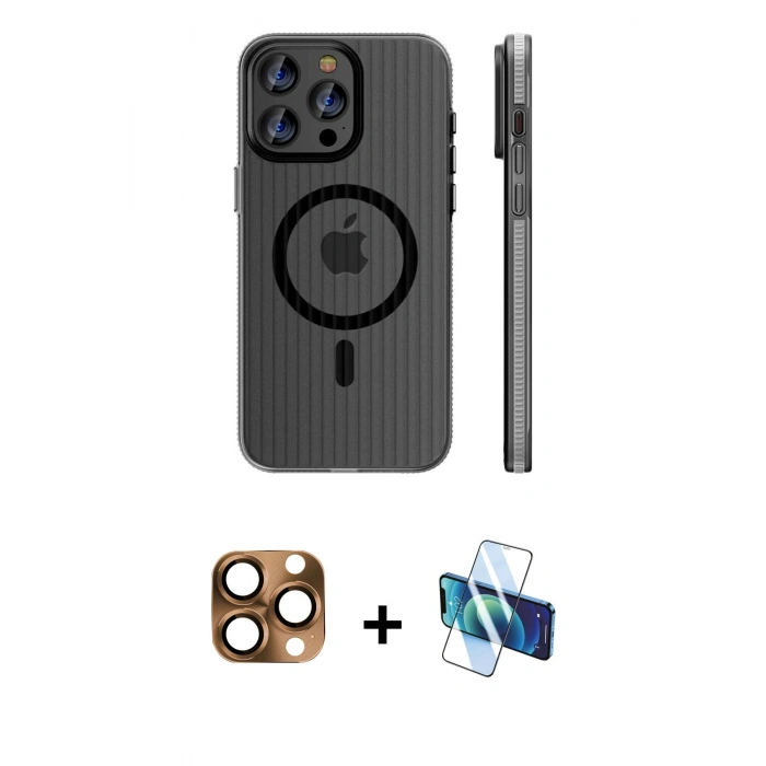 MARSİLYAN™- iPhone 16 Pro Max Kılıf Pusula Minimal Koleksiyonu - Siyah 3D Antistatik Cam Ekran Koruyucu + Pers Alüminyum Kamera Lens - CLTM