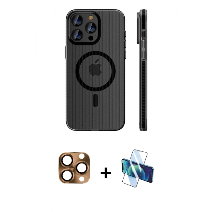 MARSİLYAN™- iPhone 16 Pro Max Kılıf Pusula Minimal Koleksiyonu - Siyah 3D Antistatik Cam Ekran Koruyucu + Pers Alüminyum Kamera Lens - CLTM