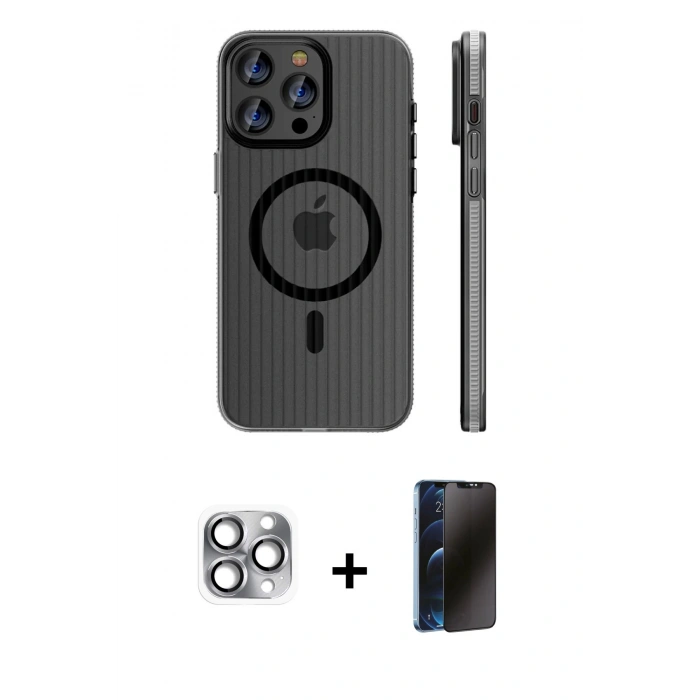 MARSİLYAN™- iPhone 16 Pro Max Kılıf Pusula Minimal Koleksiyonu - Siyah 3D Antistatik Hayalet Cam Ekran Koruyucu + Pers Alüminyum Kamera Lens - GI