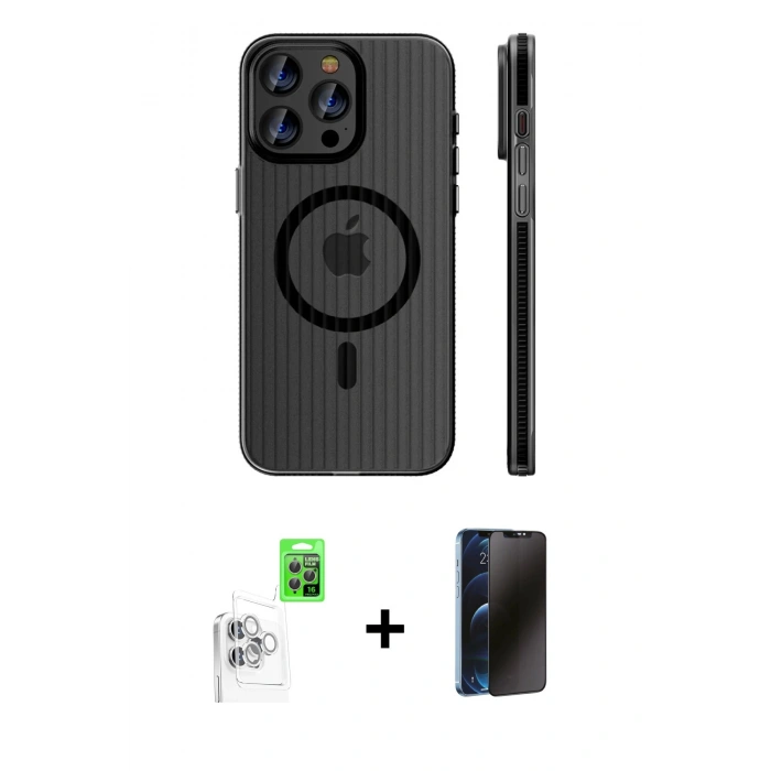 MARSİLYAN™- iPhone 16 Pro Max Kılıf Pusula Minimal Koleksiyonu - Siyah 3D Antistatik Hayalet Cam Ekran Koruyucu + Raze Metal Kamera Lens - BZ
