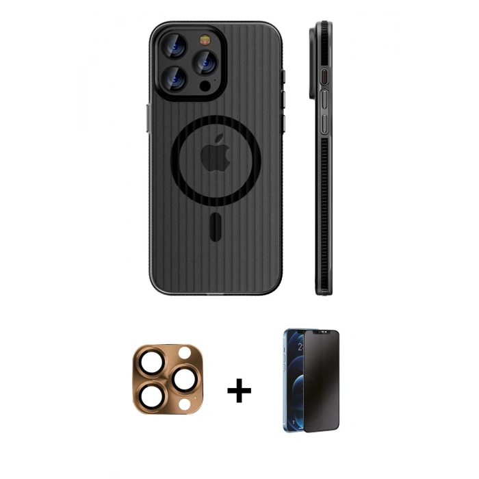 MARSİLYAN™- iPhone 16 Pro Max Kılıf Pusula Minimal Koleksiyonu - Siyah 3D Antistatik Hayalet Cam Ekran Koruyucu + Pers Alüminyum Kamera Lens - CLTM