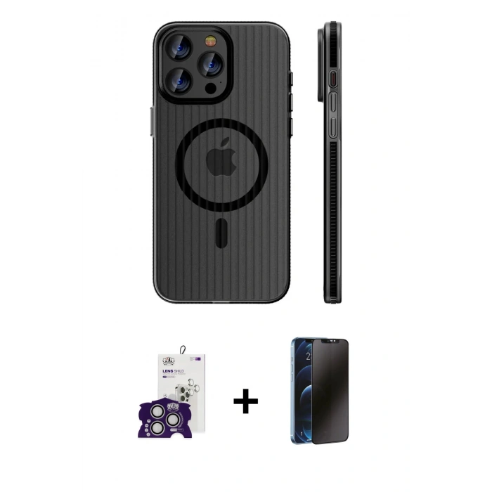 MARSİLYAN™- iPhone 16 Pro Max Kılıf Pusula Minimal Koleksiyonu - Siyah 3D Antistatik Hayalet Cam Ekran Koruyucu + Bilvis Titan Kamera Lens - GS