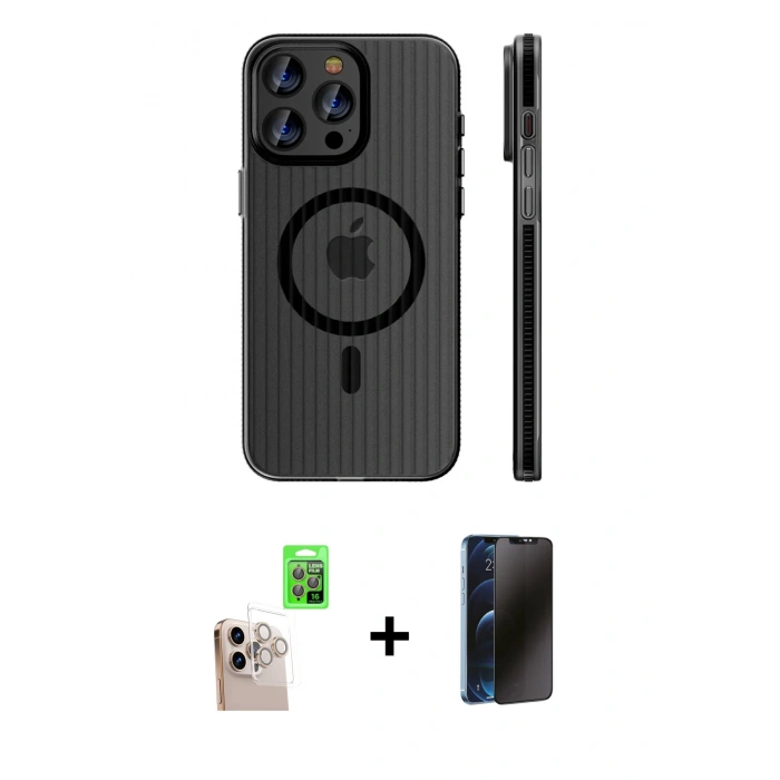 MARSİLYAN™- iPhone 16 Pro Max Kılıf Pusula Minimal Koleksiyonu - Siyah 3D Antistatik Hayalet Cam Ekran Koruyucu + Raze Metal Kamera Lens - NLGY