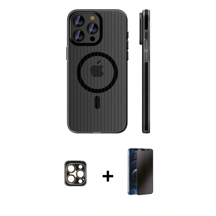 MARSİLYAN™- iPhone 16 Pro Max Kılıf Pusula Minimal Koleksiyonu - Siyah 3D Antistatik Hayalet Cam Ekran Koruyucu + PVD Metal Kamera Lens - GD