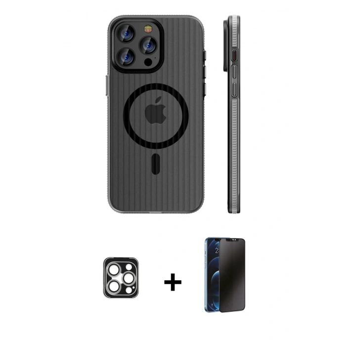 MARSİLYAN™- iPhone 16 Pro Max Kılıf Pusula Minimal Koleksiyonu - Siyah 3D Antistatik Hayalet Cam Ekran Koruyucu + PVD Metal Kamera Lens - GS