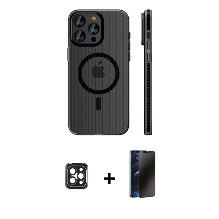 MARSİLYAN™- iPhone 16 Pro Max Kılıf Pusula Minimal Koleksiyonu - Siyah 3D Antistatik Hayalet Cam Ekran Koruyucu + PVD Metal Kamera Lens - SH