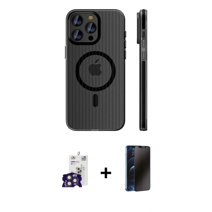 MARSİLYAN™- iPhone 16 Pro Max Kılıf Pusula Minimal Koleksiyonu - Siyah 3D Antistatik Hayalet Cam Ekran Koruyucu + Bilvis Titan Kamera Lens - TMGI