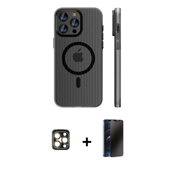 MARSİLYAN™- iPhone 16 Pro Max Kılıf Pusula Minimal Koleksiyonu - Siyah 3D Antistatik Hayalet Cam Ekran Koruyucu + PVD Metal Kamera Lens - GD