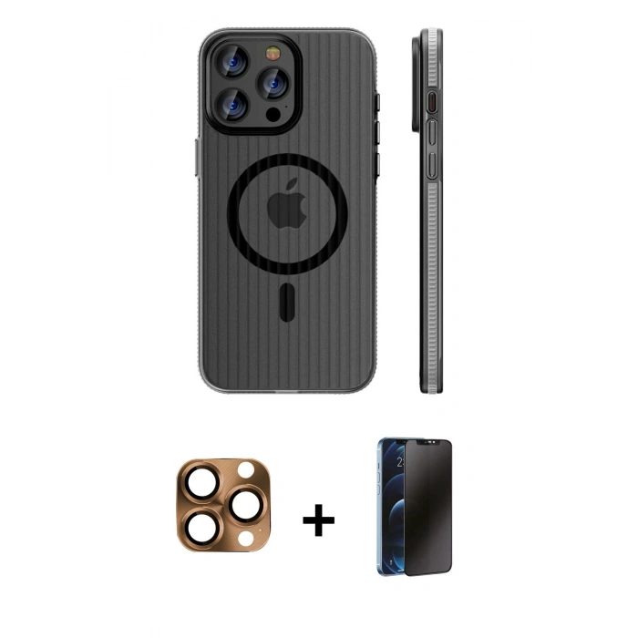 MARSİLYAN™- iPhone 16 Pro Max Kılıf Pusula Minimal Koleksiyonu - Siyah 3D Antistatik Hayalet Cam Ekran Koruyucu + Pers Alüminyum Kamera Lens - CLTM