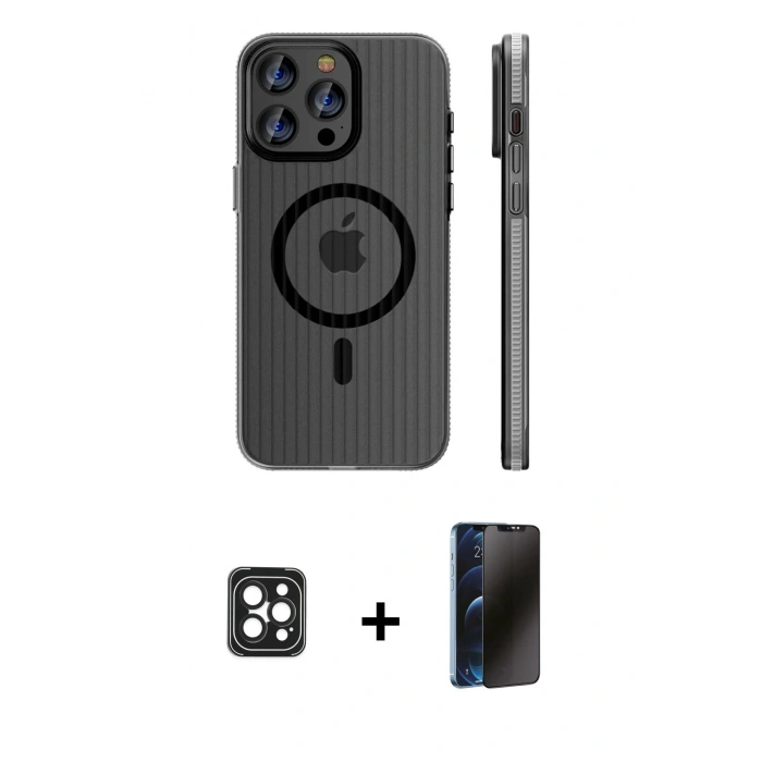 MARSİLYAN™- iPhone 16 Pro Max Kılıf Pusula Minimal Koleksiyonu - Siyah 3D Antistatik Hayalet Cam Ekran Koruyucu + PVD Metal Kamera Lens - SH