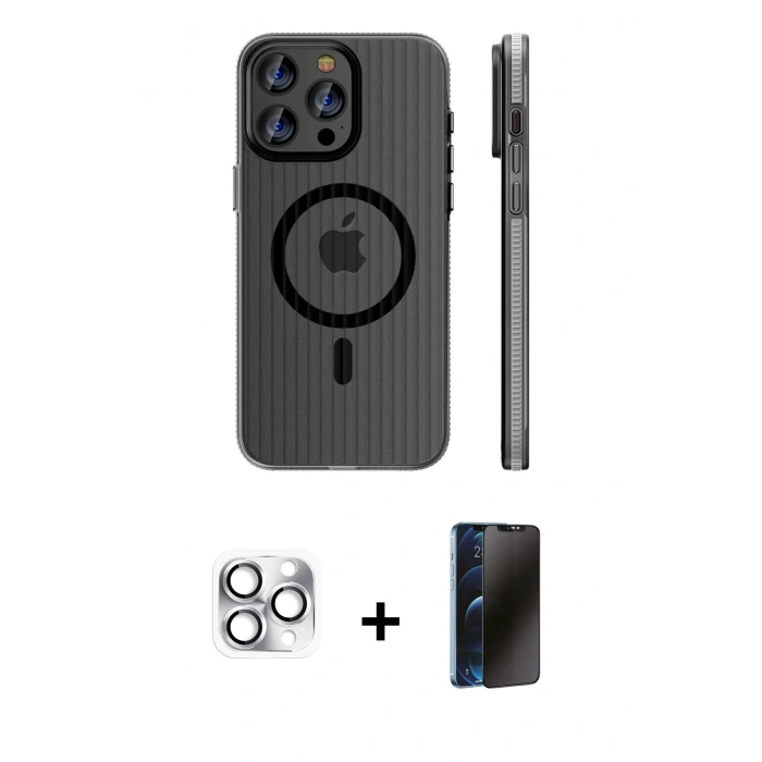 MARSİLYAN™- iPhone 16 Pro Max Kılıf Pusula Minimal Koleksiyonu - Siyah 3D Antistatik Hayalet Cam Ekran Koruyucu + Pers Alüminyum Kamera Lens - GS