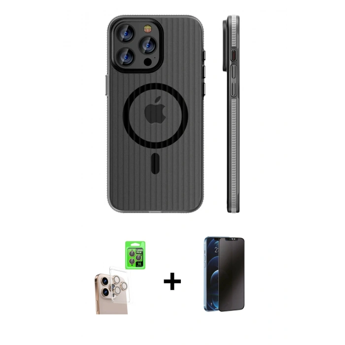 MARSİLYAN™- iPhone 16 Pro Max Kılıf Pusula Minimal Koleksiyonu - Siyah 3D Antistatik Hayalet Cam Ekran Koruyucu + Raze Metal Kamera Lens - NLGY