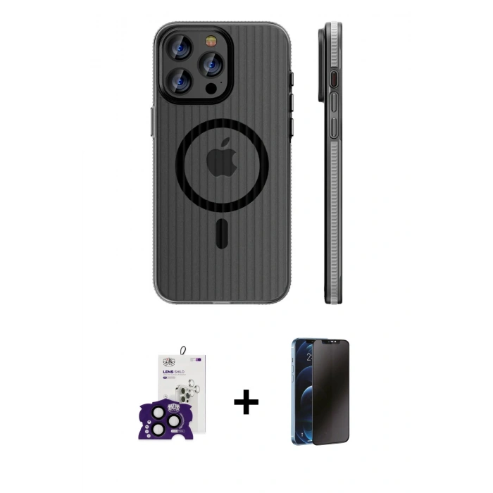 MARSİLYAN™- iPhone 16 Pro Max Kılıf Pusula Minimal Koleksiyonu - Siyah 3D Antistatik Hayalet Cam Ekran Koruyucu + Bilvis Titan Kamera Lens - SH