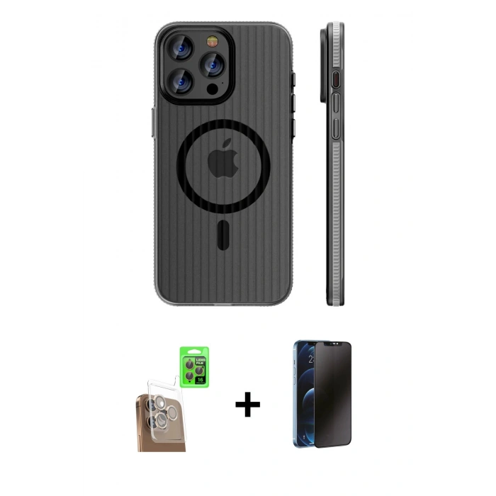 MARSİLYAN™- iPhone 16 Pro Max Kılıf Pusula Minimal Koleksiyonu - Siyah 3D Antistatik Hayalet Cam Ekran Koruyucu + Raze Metal Kamera Lens - CLTM