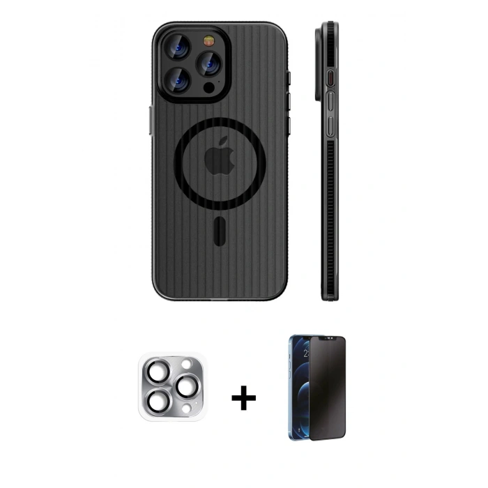 MARSİLYAN™- iPhone 16 Pro Max Kılıf Pusula Minimal Koleksiyonu - Siyah 3D Antistatik Hayalet Cam Ekran Koruyucu + Pers Alüminyum Kamera Lens - GI