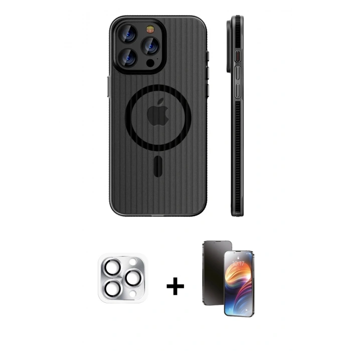 MARSİLYAN™- iPhone 16 Pro Max Kılıf Pusula Minimal Koleksiyonu - Siyah 3D Antistatik Mat Seramik Nano Ekran Koruyucu + Gümüş Pers Alüminyum Kamera Lens