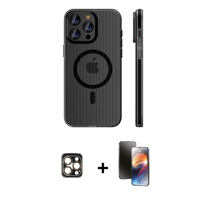 MARSİLYAN™- iPhone 16 Pro Max Kılıf Pusula Minimal Koleksiyonu - Siyah 3D Antistatik Mat Seramik Nano Ekran Koruyucu + PVD Metal Kamera Lens - GD