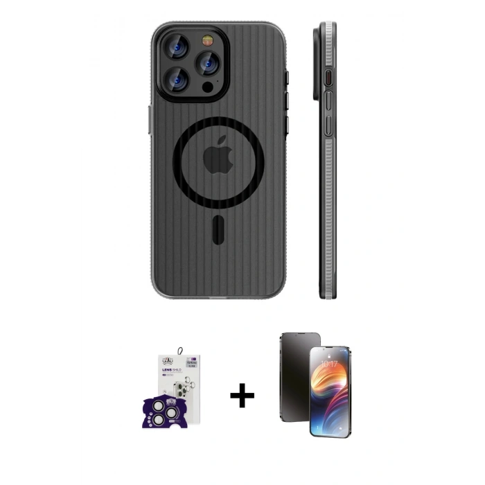 MARSİLYAN™- iPhone 16 Pro Max Kılıf Pusula Minimal Koleksiyonu - Siyah 3D Antistatik Mat Seramik Nano Ekran Koruyucu + Bilvis Titan Kamera Lens - TMGI
