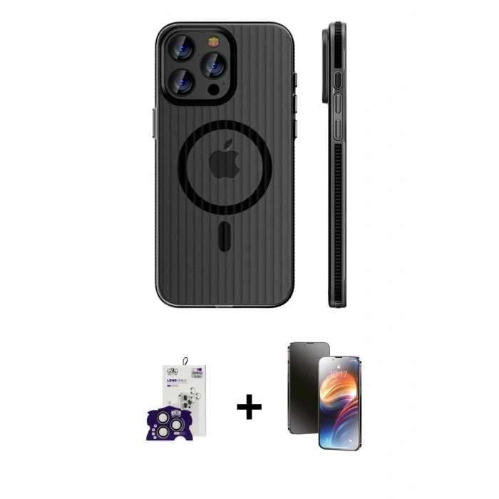 MARSİLYAN™- iPhone 16 Pro Max Kılıf Pusula Minimal Koleksiyonu - Siyah 3D Antistatik Mat Seramik Nano Ekran Koruyucu + Bilvis Titan Kamera Lens - TMGI
