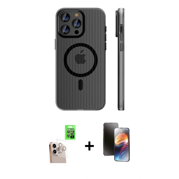 MARSİLYAN™- iPhone 16 Pro Max Kılıf Pusula Minimal Koleksiyonu - Siyah 3D Antistatik Mat Seramik Nano Ekran Koruyucu + Raze Metal Kamera Lens - NLGY
