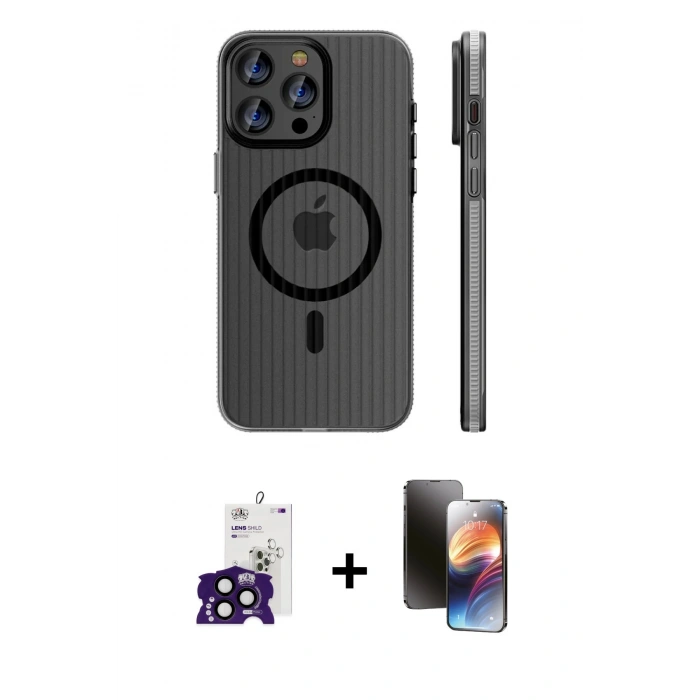 MARSİLYAN™- iPhone 16 Pro Max Kılıf Pusula Minimal Koleksiyonu - Siyah 3D Antistatik Mat Seramik Nano Ekran Koruyucu + Bilvis Titan Kamera Lens - SH