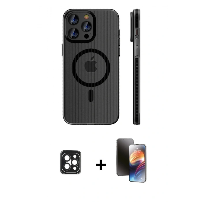 MARSİLYAN™- iPhone 16 Pro Max Kılıf Pusula Minimal Koleksiyonu - Siyah 3D Antistatik Mat Seramik Nano Ekran Koruyucu + Siyah PVD Metal Kamera Lens