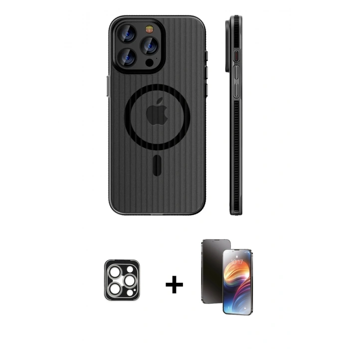 MARSİLYAN™- iPhone 16 Pro Max Kılıf Pusula Minimal Koleksiyonu - Siyah 3D Antistatik Mat Seramik Nano Ekran Koruyucu + Gümüş PVD Metal Kamera Lens