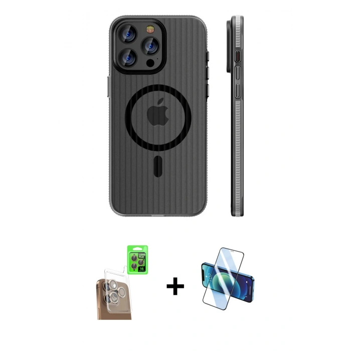 MARSİLYAN™- iPhone 16 Pro Max Kılıf Pusula Minimal Koleksiyonu - Siyah 3D Antistatik Seramik Nano Ekran Koruyucu + Raze Metal Kamera Lens - CLTM