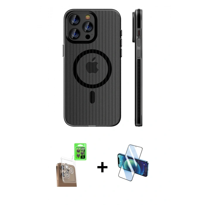 MARSİLYAN™- iPhone 16 Pro Max Kılıf Pusula Minimal Koleksiyonu - Siyah 3D Antistatik Seramik Nano Ekran Koruyucu + Raze Metal Kamera Lens - CLTM