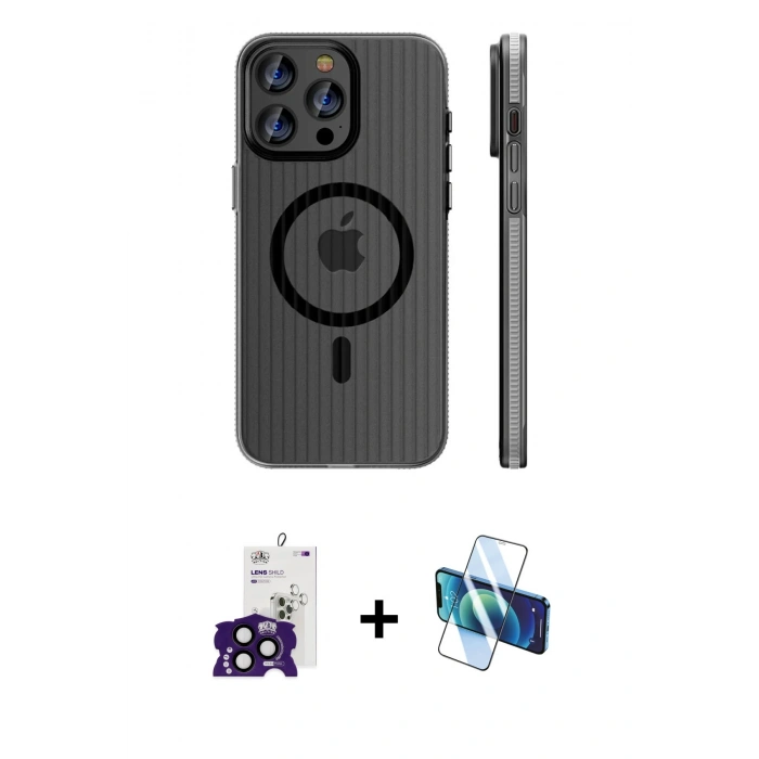 MARSİLYAN™- iPhone 16 Pro Max Kılıf Pusula Minimal Koleksiyonu - Siyah 3D Antistatik Seramik Nano Ekran Koruyucu + Siyah Bilvis Titan Kamera Lens