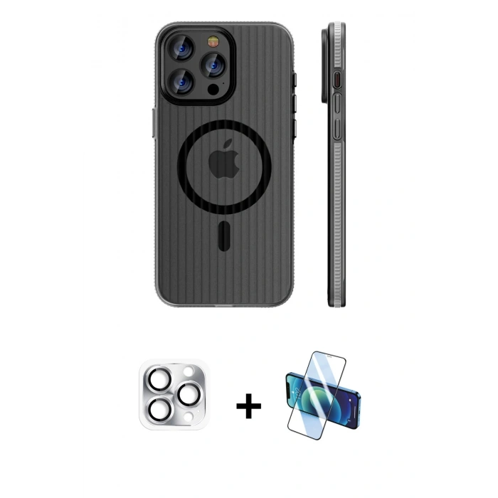 MARSİLYAN™- iPhone 16 Pro Max Kılıf Pusula Minimal Koleksiyonu - Siyah 3D Antistatik Seramik Nano Ekran Koruyucu + Pers Alüminyum Kamera Lens - GS