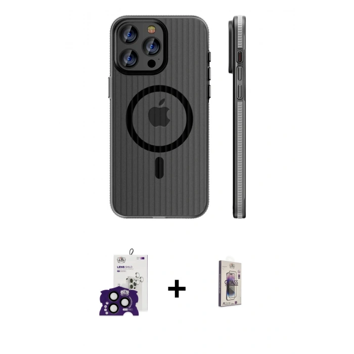 MARSİLYAN™- iPhone 16 Pro Max Kılıf Pusula Minimal Koleksiyonu - Siyah Bilvis 3D Cam Ekran Koruyucu + Bilvis Titan Kamera Lens - SH