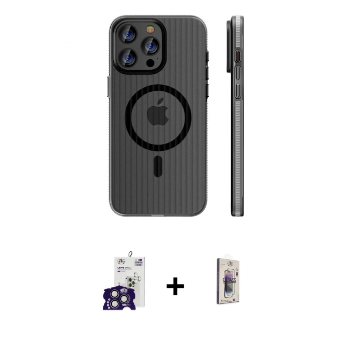MARSİLYAN™- iPhone 16 Pro Max Kılıf Pusula Minimal Koleksiyonu - Siyah Bilvis 3D Cam Ekran Koruyucu + Bilvis Titan Kamera Lens - TMGI