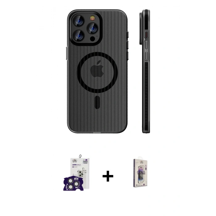 MARSİLYAN™- iPhone 16 Pro Max Kılıf Pusula Minimal Koleksiyonu - Siyah Bilvis 3D Cam Ekran Koruyucu + Bilvis Titan Kamera Lens - TMGI